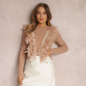 Beżowy Sweter z Piórami Deti, beżowy, Renee, damski, zimowy, rozmiar ONE SIZE