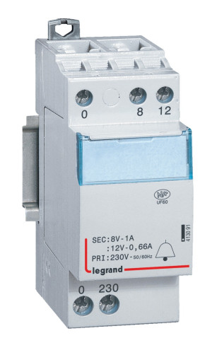 Transformateur pour sonnerie 230 V vers 12 V ou 8 V 8 VA 2 modules LEGRAND 413091