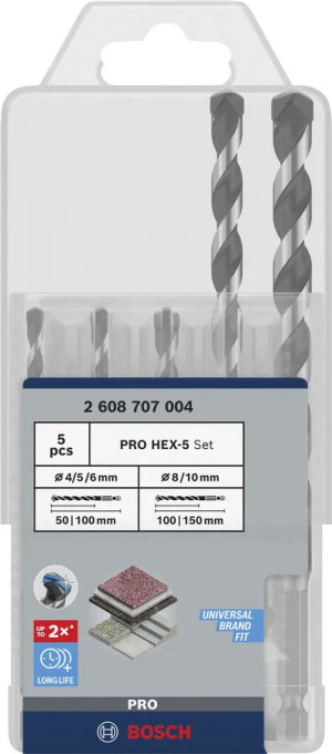 Coffret de 5 forets béton PRO HEX-5 4 x 100 - 5 x 100 - 6 x 100 - 8 x 150 - 10 x 150 mm BOSCH 2608707004