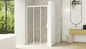 Paroi de douche SMART DESIGN 3V avec 3 volets 2 coulissants 120 cm profilé blanc verre transparent gauche KINEDO PA90266BTNEG Blanc