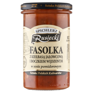 Fasolka z kiełbasą jałowcową i boczkiem wędzonym w sosie pomidorowym 470g