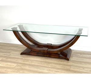 Stilvoller Art Deco Couchtisch ,,Bielefeld" aus Walnussholz mit Glasplatte