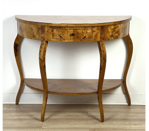 Biedermeier Beistelltisch halbrund mit geschwungenen Beinen, Birkenmaser (S17C)