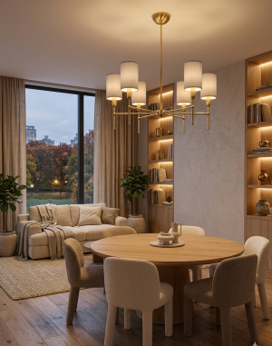 Lampa wisząca Velora – złoty żyrandol w stylu modern classic, elegancki żyrandol z mosiądzu 5-ramienny