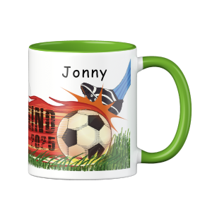 Personalisierte Tasse zur Einschulung mit lustigem Motiv und deinem Namen, Motiv Fußball, Farbe Grün, Geschenk für Schulkind, Kindergartenkind | 