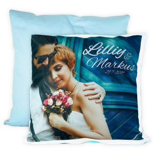 Personalisierbares Fotokissen mit farbiger Rückseite – Dein Design, dein Stil, tolles Geschenk, inkl. Füllung, 40x40cm - Farbe Gletscherblau | LOOXIS