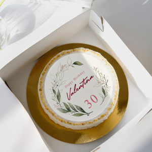 Essbarer Tortenaufleger mit Happy Birthday und Blumenkranz und Namen– Personalisierte Tortendeko für Geburtstage, rund, 18cm Durchmesser | LOOXIS