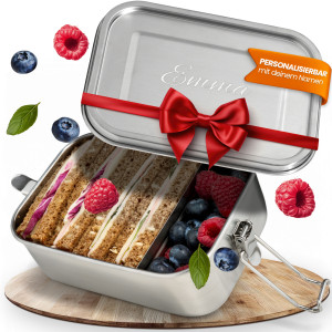 Personalisierte Edelstahl Lunchbox, Brotdose mit individueller Gravur, Auslaufsicher & Spülmaschinenfest, 800 ml, Größe M | LOOXIS