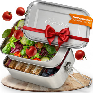 Personalisierte Edelstahl Lunchbox, Brotdose mit individueller Gravur, Auslaufsicher & Spülmaschinenfest, 1340 ml, Größe M Doppeldecker | LOOXIS