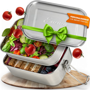 Personalisierte Edelstahl Lunchbox, Brotdose mit individueller Gravur, Auslaufsicher & Spülmaschinenfest, 1960 ml, Größe L Doppeldecker | LOOXIS