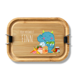 Personalisierte Edelstahl Lunchbox mit Holzdeckel – Mit deinem Namen & Monster Motiv bedruckt, 800ml Fassungsvermögen | LOOXIS