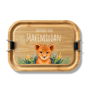 Personalisierte Edelstahl Lunchbox mit Holzdeckel – Mit deinem Namen & Löwe Motiv bedruckt, 800ml Fassungsvermögen | LOOXIS