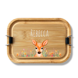 Personalisierte Edelstahl Lunchbox mit Holzdeckel – Mit deinem Namen & Reh Motiv bedruckt, 800ml Fassungsvermögen | LOOXIS