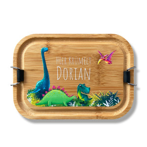 Personalisierte Edelstahl Lunchbox mit Holzdeckel – Mit deinem Namen & Dino Motiv bedruckt, 800ml Fassungsvermögen | LOOXIS