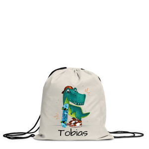 Personalisierter Turnbeutel mit Namen & lustigem Motiv – Perfekt für Kinder zur Einschulung, Jungen und Mädchen, Motiv Skater T-Rex | LOOXIS