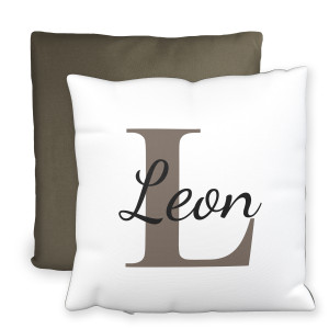 Personalisierbares Namenskissen mit farbiger Rückseite – Dein Name im eleganten Design als Geschenk, 40x40cm, Farbe Mokka-Grau | LOOXIS