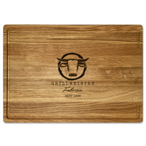 Premium Eichenholz-Schneidebrett mit Wunschgravur Name und Motiv Grillmeister Bulle – tolles Geschenk für Kochbegeisterte, inkl. Lasergravur, 