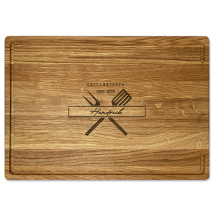 Premium Eichenholz-Schneidebrett mit Wunschgravur Name und Motiv Grillmeister Besteck – tolles Geschenk für Kochbegeisterte, inkl. Lasergravur, 
