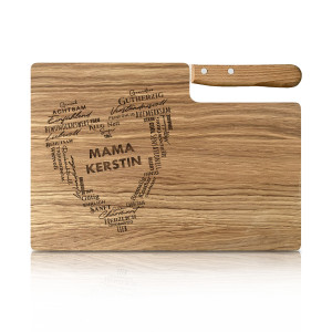 Personalisiertes Premium-Messerbrett mit Buckelsmesser - Frühstücksbrettchen mit Wunsch Lasergravur, zum Muttertag, Motiv Herz, Eichenholz | LOOXIS
