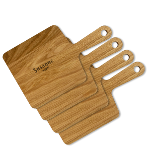 Personalisiertes Servierbrett aus Eiche mit Wunschgravur – Ideal für Burger, Brotzeit, Tapas oder Käseplatten, Geschenk für Hobbyköche 4er Set | 