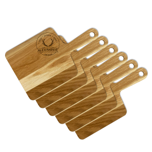 Personalisiertes Servierbrett aus Eiche mit Wunschgravur – Ideal für Burger, Brotzeit, Tapas oder Käseplatten, Geschenk für Hobbyköche 6er Set | 