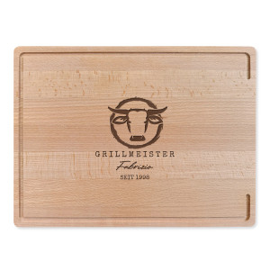 Buchenholz-Schneidebrett mit Wunschgravur Name und Motiv Grillmeister Bulle – tolles Geschenk für Kochbegeisterte, inkl. Lasergravur, 40x40x3cm | 