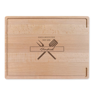 Buchenholz-Schneidebrett mit Wunschgravur Name und Motiv Grillmeister Grillbesteck – tolles Geschenk für Kochbegeisterte, inkl. Lasergravur, 40x40x3cm