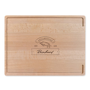 Buchenholz-Schneidebrett mit Wunschgravur Name und Motiv Grillmeister Bulle 2 – tolles Geschenk für Kochbegeisterte, inkl. Lasergravur, 40x40x3cm | 