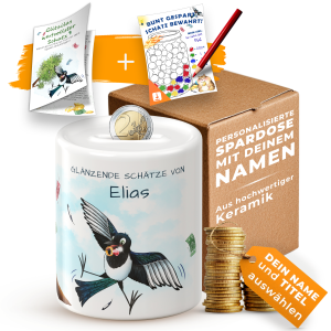 Personalisierte Spardose – Mit Namen und süßem Motiv als Geschenk für Kinder, inkl. Spar-Motivationsgeschichte, Motiv fleissige Elster | LOOXIS