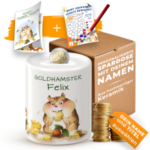 Personalisierte Spardose für Kinder – Keramik-Sparbüchse mit Namen und Motiv Goldhamster | individuelles Geschenk zur Einschulung oder Geburtstag