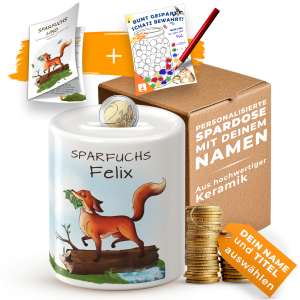 Personalisierte Spardose für Kinder – Keramik-Sparbüchse mit Namen und Motiv Sparfuchs | individuelles Geschenk zur Einschulung oder Geburtstag