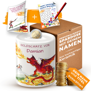 Personalisierte Spardose für Kinder – Keramik-Sparbüchse mit Namen und Motiv Goldschatz-Drache | individuelles Geschenk zur Einschulung oder 