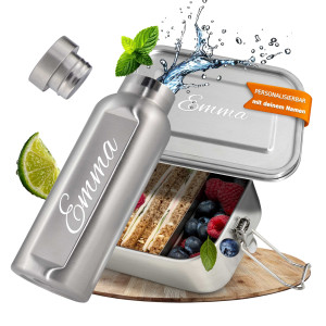 Personalisierte Edelstahl Trinkflasche & Lunchbox Set – auslaufsicher, isoliert & graviert für Schule, Büro & Outdoor | LOOXIS