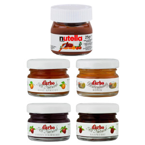 Frühstück deluxe – Aufstrich-Mix mit Nutella, Honig & feiner Konfitüre im Miniglas, kleines Geschenkset für die personalisierten Frühstücksbretter von