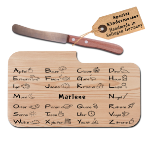 Personalisiertes Frühstücksbrettchen mit Kindermesser - Geschenk zur Einschulung mit Wunsch Lasergravur und ABC-Motiv, Erlenholz | LOOXIS