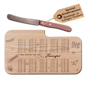 Personalisiertes Frühstücksbrettchen mit Kindermesser - Geschenk zur Einschulung mit Wunsch Lasergravur und EinmalEins-Motiv, Erlenholz | LOOXIS