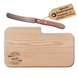 Personalisiertes Frühstücksbrettchen mit Kindermesser - Geschenk zur Einschulung mit Wunsch Lasergravur und Erste Klasse Motiv - Erlenholz | LOOXIS