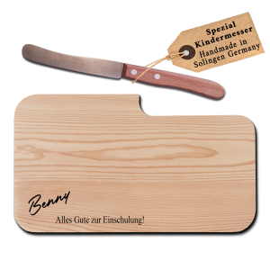 Personalisiertes Frühstücksbrettchen mit Kindermesser - Geschenk zur Einschulung mit Wunsch Lasergravur und Alphabet Motiv, Erlenholz | LOOXIS
