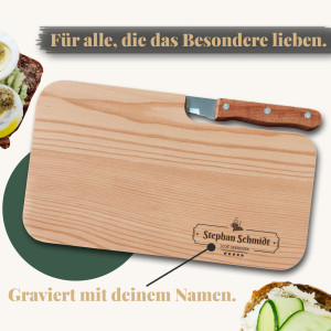 Personalisierbares Frühstücksbrett mit Speckmesser – Messerbrett mit Wunsch-Lasergravur, Name und Frühstücksgenießer Motiv, Erlenholz | LOOXIS