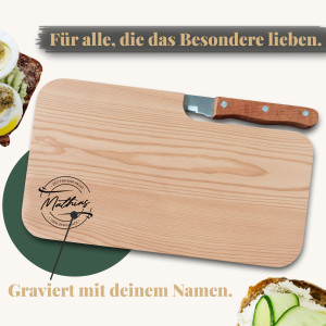 Personalisierbares Frühstücksbrett mit Speckmesser – Messerbrett mit Wunsch-Lasergravur, Name und Premium Quality Motiv, Erlenholz | LOOXIS
