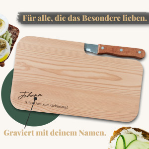 Personalisierbares Frühstücksbrett mit Speckmesser – Messerbrett mit Wunsch-Lasergravur, Name und Text, Erlenholz | LOOXIS