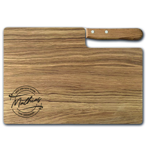 Personalisiertes Premium-Messerbrett mit Buckelsmesser - Frühstücksbrettchen mit Wunsch Lasergravur, Name und Motiv Premium Quality, Eichenholz | 