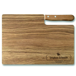 Personalisiertes Premium-Messerbrett mit Buckelsmesser - Frühstücksbrettchen mit Wunsch Lasergravur, Name und Motiv Frühstücksgenießer, Eichenholz | 