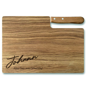 Personalisiertes Premium-Messerbrett mit Buckelsmesser - Frühstücksbrettchen mit Wunsch Lasergravur, Name und Text, Eichenholz | LOOXIS