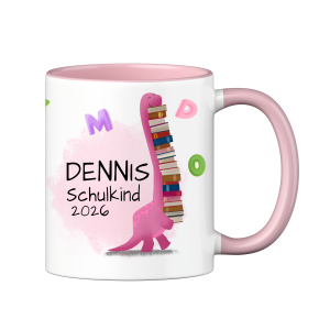 Personalisierte Tasse zur Einschulung mit lustigem Motiv und deinem Namen, Motiv Bücherdino, Farbe Rosa, Geschenk für Schulkind, Kindergartenkind | 