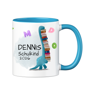 Personalisierte Tasse zur Einschulung mit lustigem Motiv und deinem Namen, Motiv Bücherdino, Farbe Blau, Geschenk für Schulkind, Kindergartenkind | 