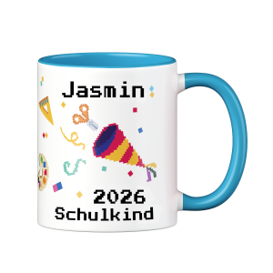 Personalisierte Tasse zur Einschulung mit lustigem Motiv und deinem Namen, Motiv Pixel, Farbe Blau, Geschenk für Schulkind, Kindergartenkind | LOOXIS
