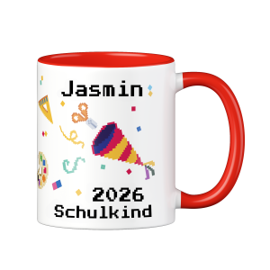 Personalisierte Tasse zur Einschulung mit lustigem Motiv und deinem Namen, Motiv Pixel, Farbe Rot, Geschenk für Schulkind, Kindergartenkind | LOOXIS