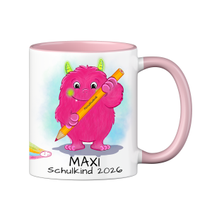 Personalisierte Tasse zur Einschulung mit lustigem Motiv und deinem Namen, Motiv Monster, Farbe Rosa, Geschenk für Schulkind, Kindergartenkind | 