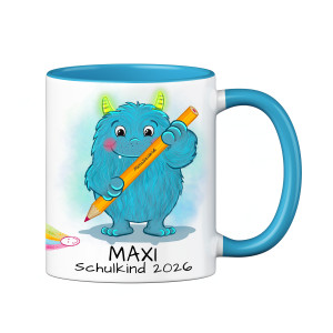 Personalisierte Tasse zur Einschulung mit lustigem Motiv und deinem Namen, Motiv Monster, Farbe Blau, Geschenk für Schulkind, Kindergartenkind | 